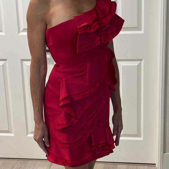 BCBGMaxAzria "Jonesy" Ruffled One Shoulder Mini Dress - Ruby Red Size 4 - Picture 3 of 14